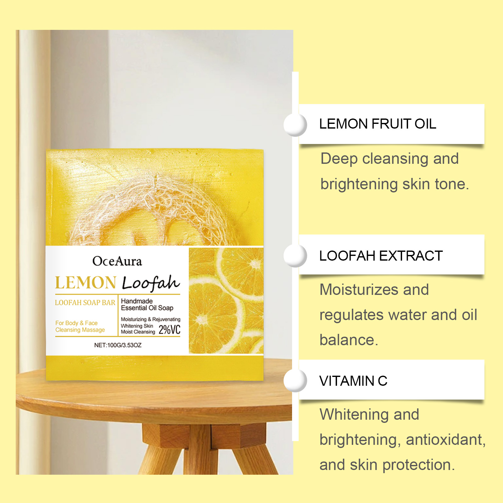 OceAura Lemon Luffa Bath Soap Lemon Soap Body Mild Cleansing Oil Control Refreshing Cleansing Bath Soap