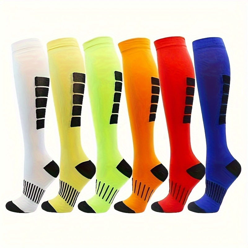 6 pairs Compression Knee-High Socks for Outdoor Activities, Color Block Knee High Sport Socks, Comf